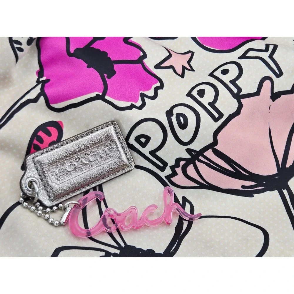 Coach POPPY Metallic Silver Leather Hangtag Pink Acrylic Script Logo Bag Charm